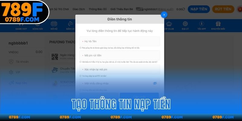 Tạo thông tin nạp tiền